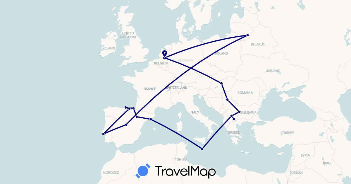 TravelMap itinerary: driving in Bulgaria, Spain, Hungary, Lithuania, Macedonia, Malta, Netherlands, Portugal, Serbia (Europe)
